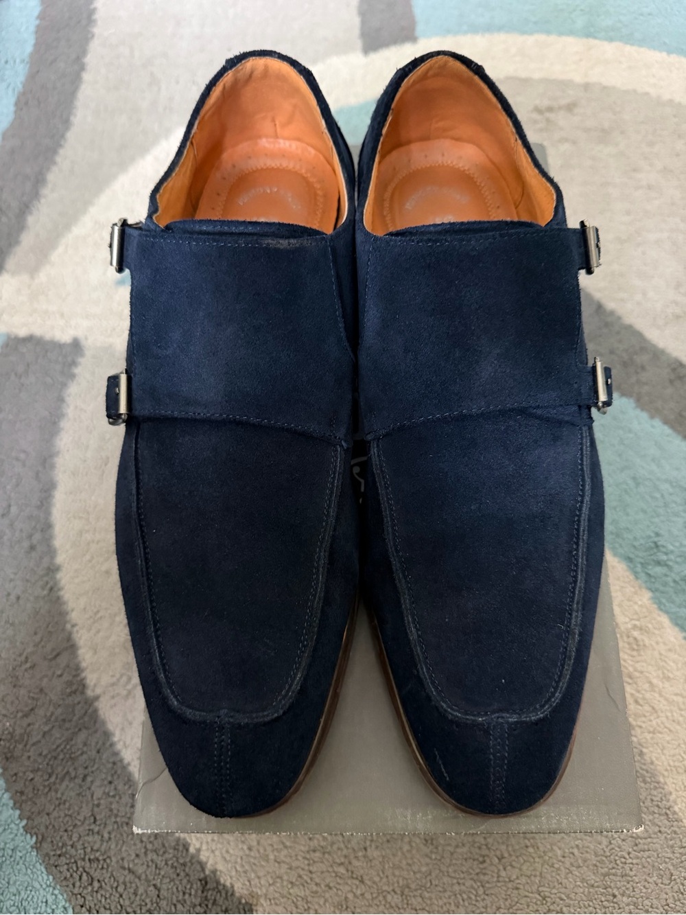 Stacy Adams Navy Suede Double Monk Strap Oxfords with Tan Lining